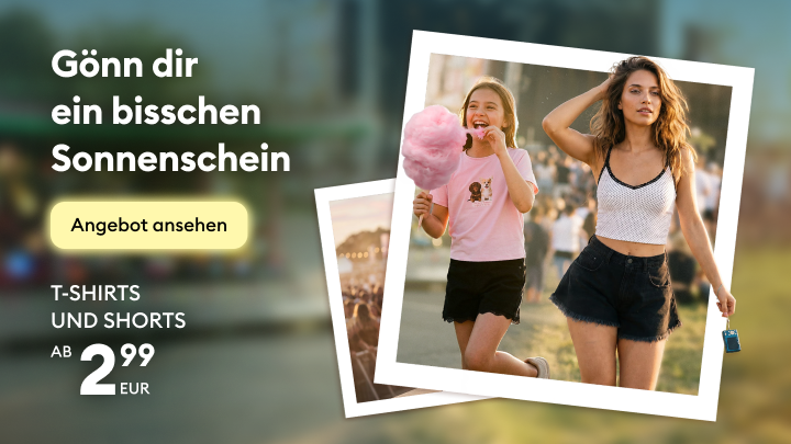 Werbebanner für Sommermode: T-Shirts und Shorts für Erwachsene und Kinder zu günstigen Preisen ab 2,99 EUR; lädt zum Durchstöbern des Angebots ein.