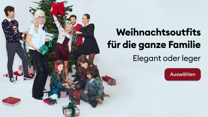 Weihnachtsoutfits für die Familie stehen im Mittelpunkt. Elegante oder legere Stile für jeden Geschmack. Jetzt entdecken und auswählen mit einem Klick auf den Button 