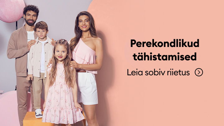 Pere ühiselt esitlemas pidulikke rõivavalikuid, suunates kasutajat leidma sobiv riietus pereüritusteks ja tähistamisteks.