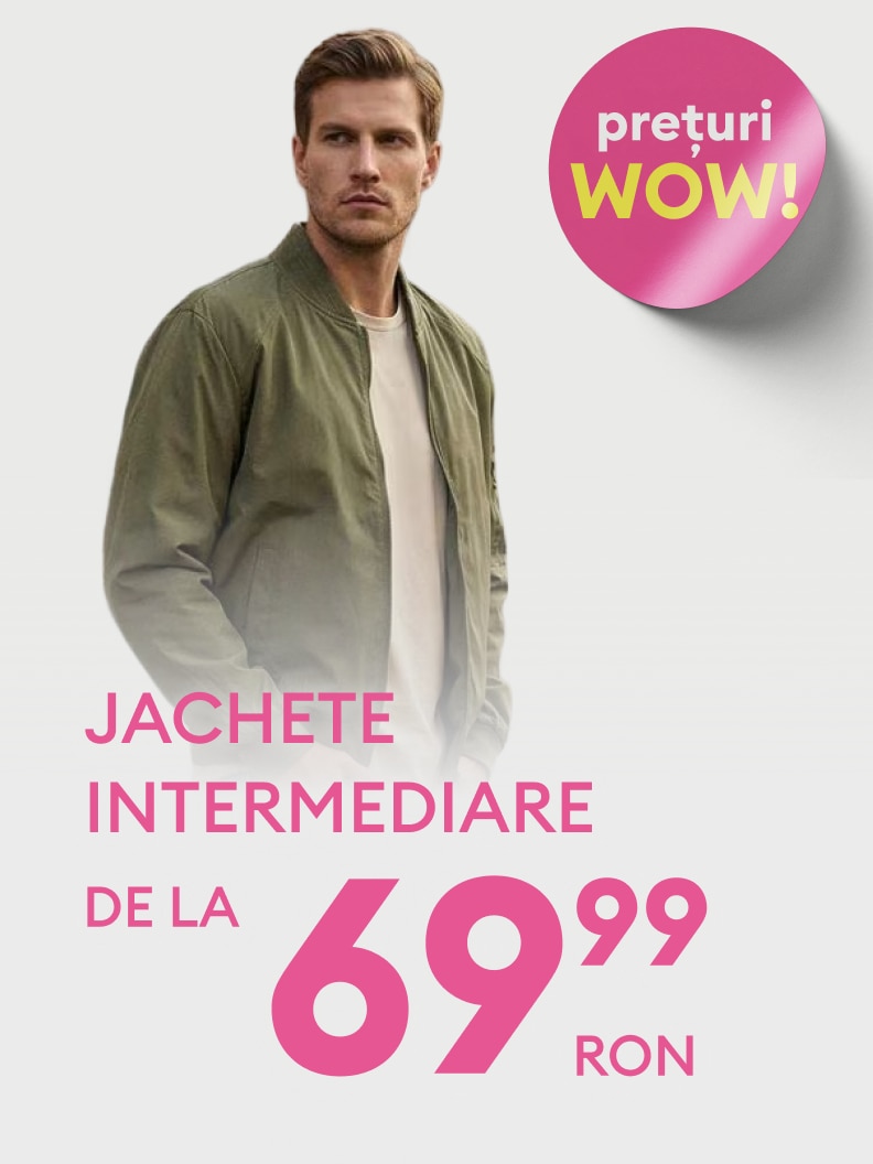 Promovare pentru jachete intermediare pentru bărbați, cu oferte speciale și prețuri avantajoase, începând de la 69,99 RON.