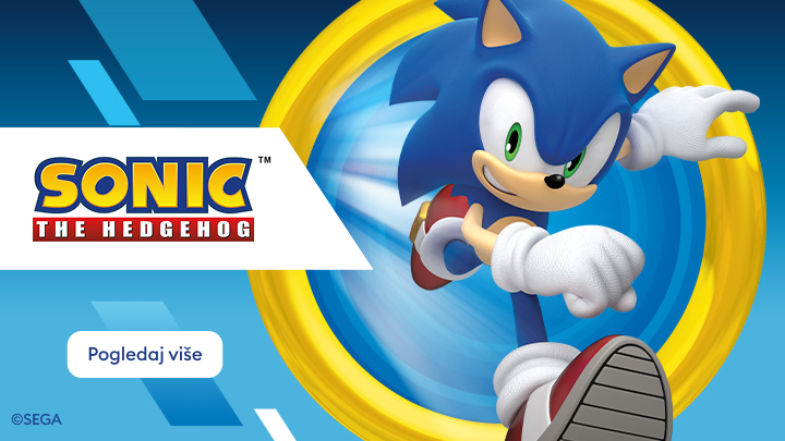 Promotivni baner za franšizu Sonic the Hedgehog koji predstavlja lika Sonica i potiče korisnika da sazna više o povezanoj ponudi ili sadržaju.