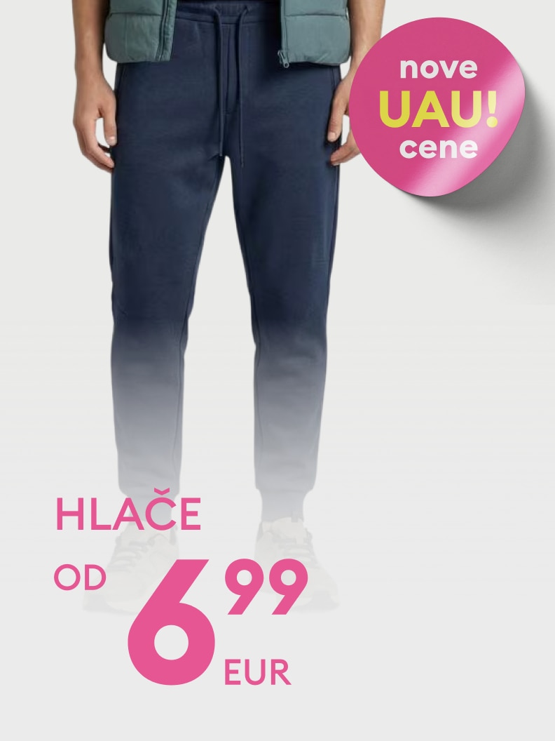 Promocija hlač z novo, ugodno ceno od 6,99 EUR, namenjena obveščanju o posebni ponudbi in cenovni ugodnosti.