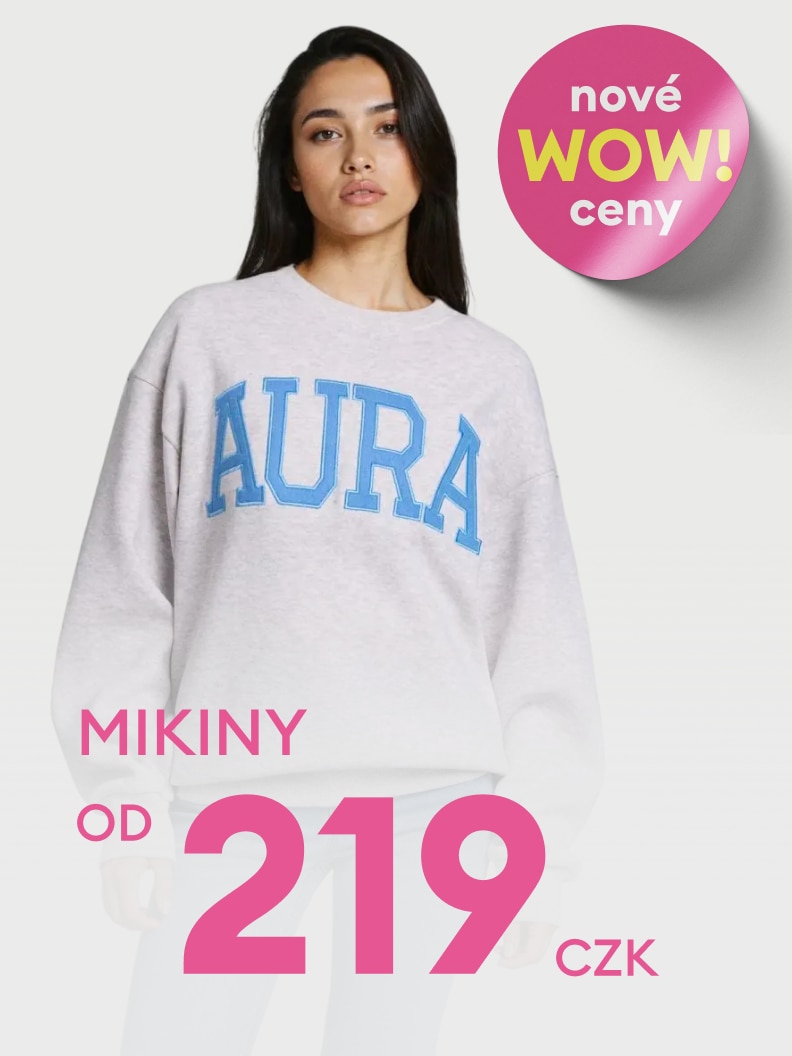 Propagační sdělení o akční nabídce mikin s novými výhodnými cenami, informující zákazníky o možnosti nákupu mikin od 219 Kč.