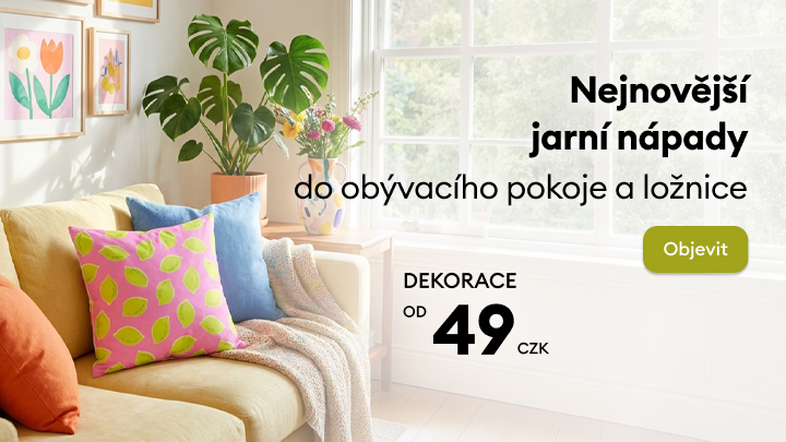 Propagace jarních dekorací do obývacího pokoje a ložnice, inspirace k oživení interiéru a výzva k prohlédnutí nabídky za dostupné ceny.