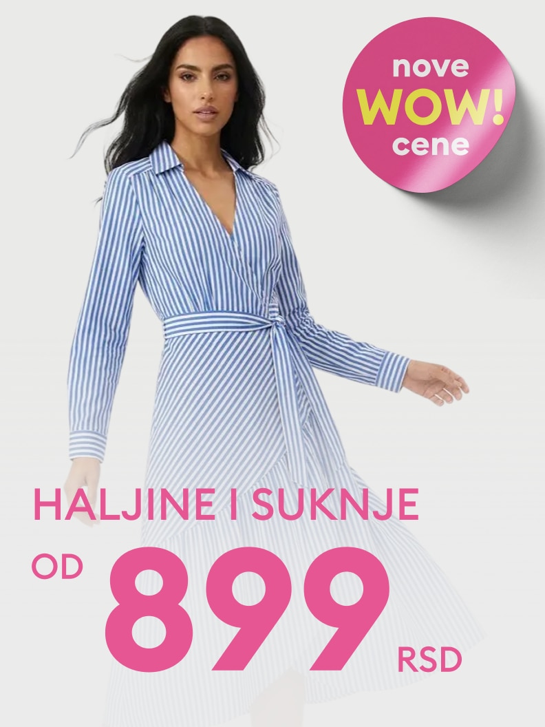 Promotivna poruka za prodaju ženskih haljina i suknji po sniženoj ceni, namenjena da privuče kupce na aktuelnu modnu ponudu.