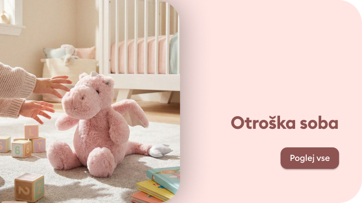 Promocijska vsebina, ki uporabnika usmerja k ogledu izdelkov in idej za opremo otroške sobe.