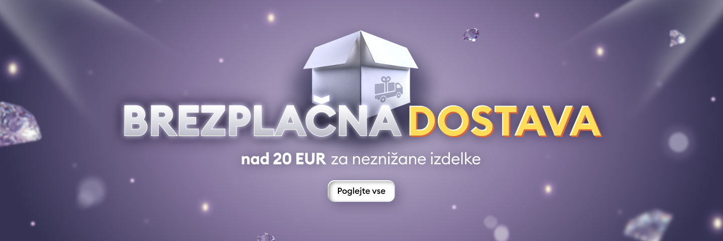 Promocijsko obvestilo o brezplačni dostavi pri nakupu nad 20 EUR za izdelke brez znižanj, namenjeno spodbujanju ogleda celotne ponudbe.