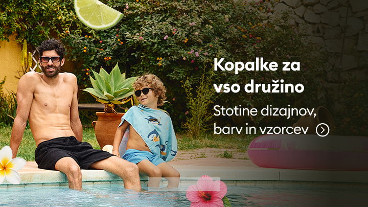 Promocija ponudbe kopalk za vso družino, ki poudarja širok izbor stilov in možnosti za skupno uživanje ob bazenu.