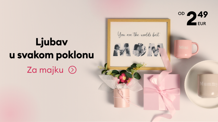 Promocija ideja za poklone za majku, s personaliziranim uspomenama i darovima koji prenose emocije, uz naglasak na povoljnu početnu cijenu od 2,49 EUR.