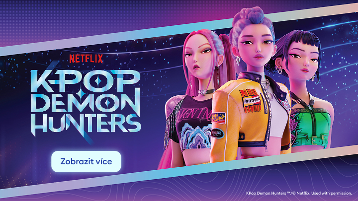 Propagační banner představující animovaný seriál KPop Demon Hunters na Netflixu, zaměřený na hudební idolky bojující s démony; slouží k upoutání a odkazu na další informace.