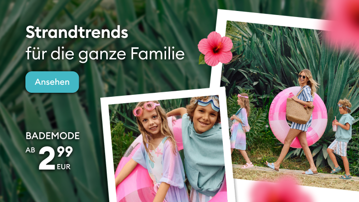 Werbebanner für Strand- und Bademode für die ganze Familie, der sommerliche Styles bewirbt und auf attraktive Preise hinweist sowie zum Entdecken des Angebots einlädt.