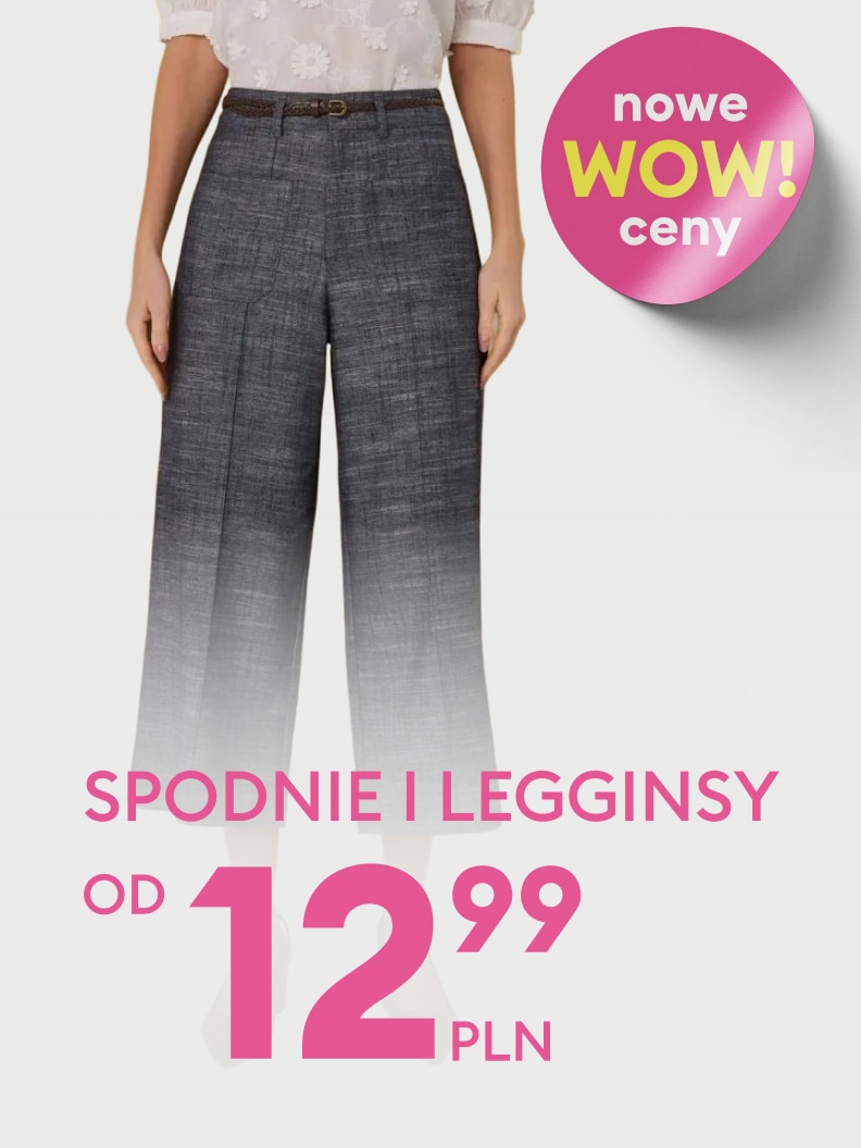 Promocja cenowa na spodnie i legginsy, informująca o obniżonych cenach zaczynających się od 12,99 zł.