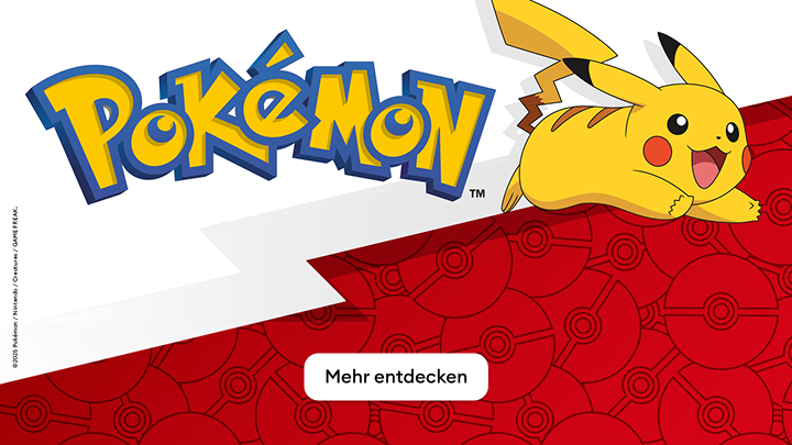 Pokémon-Logo mit dem beliebten Charakter Pikachu, der fröhlich auf einem roten Hintergrund voller Pokéball-Muster liegt. Unter dem Bild befindet sich ein Button mit dem Text „Mehr entdecken“. Die Szene lädt dazu ein, die Welt der Pokémon näher kennenzulernen. banner