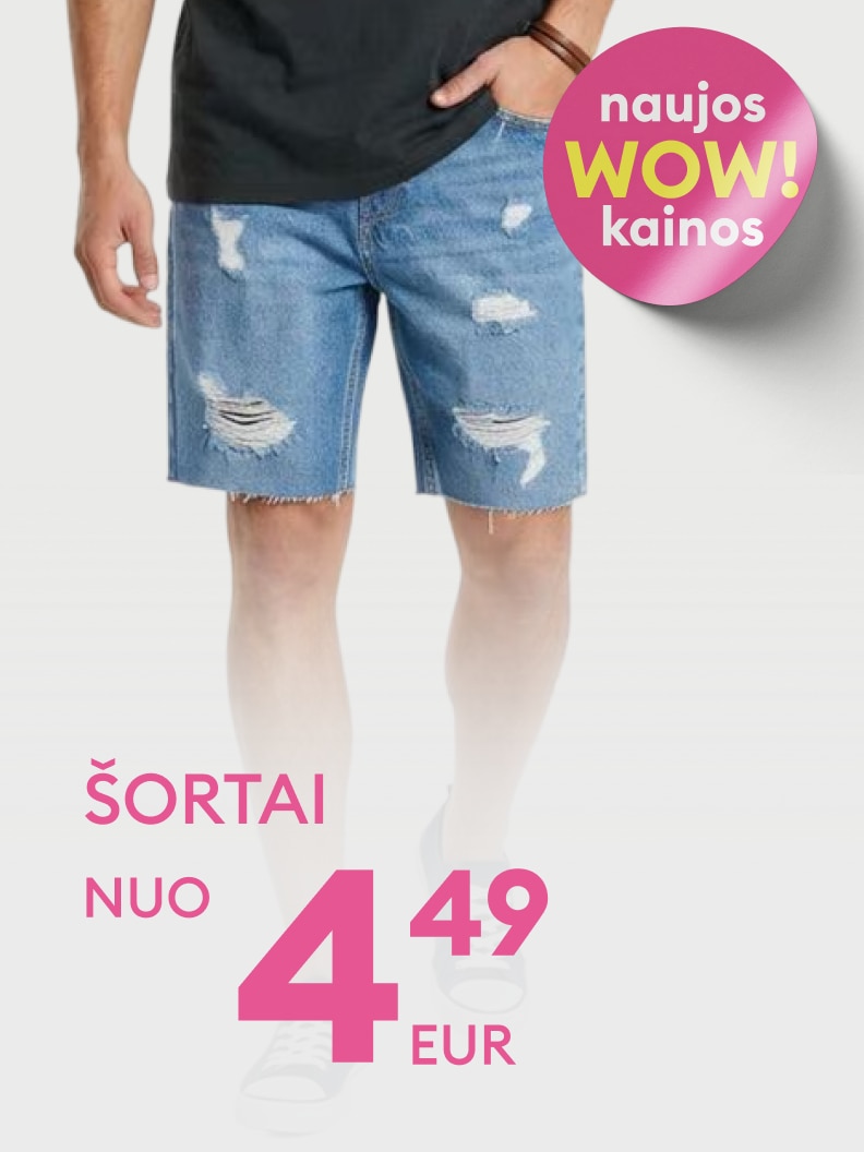 Vyriški džinsiniai šortai pristatomi kaip pirkimo pasiūlymas su naujomis akcijinėmis kainomis, pradedant nuo 4,49 EUR.