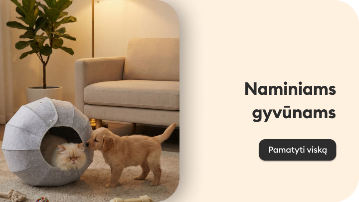 Reklamuoja prekes naminiams gyvūnams, pabrėžiant augintinių maitinimą ir kasdienę priežiūrą.