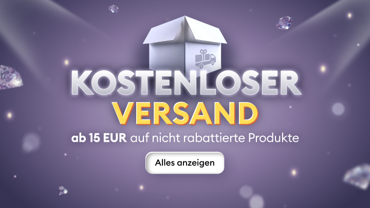 Werbebanner informiert über kostenlosen Versand ab einem Mindestbestellwert und lädt dazu ein, das Sortiment zu entdecken.