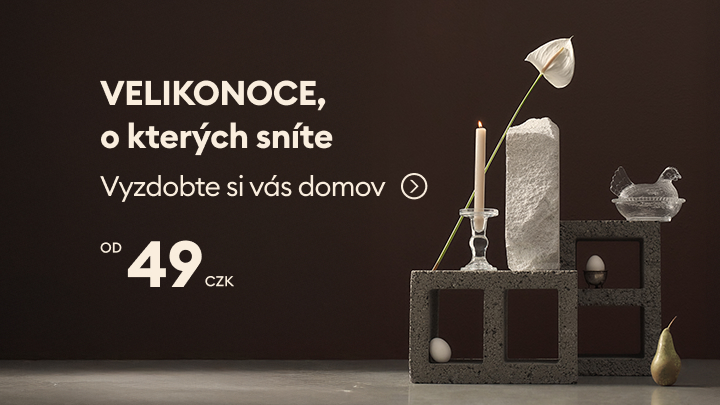 Reklamní sdělení nabízející velikonoční dekorace do domácnosti s cenami od 49 Kč a výzvou k nákupu.