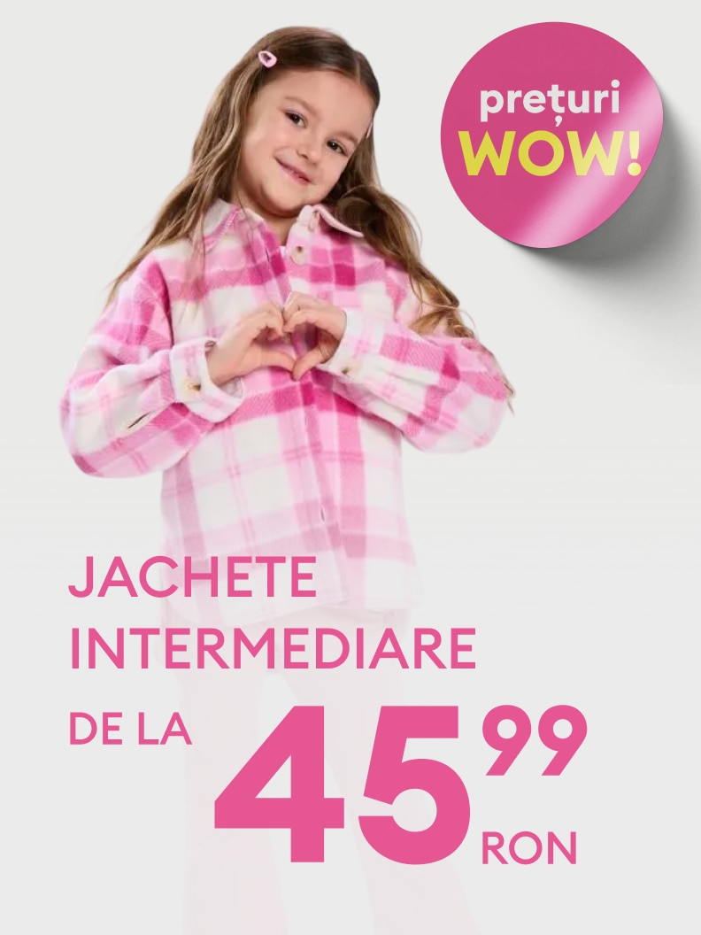 Promovare pentru jachete intermediare pentru copii, comunicând o ofertă avantajoasă cu prețuri atractive.