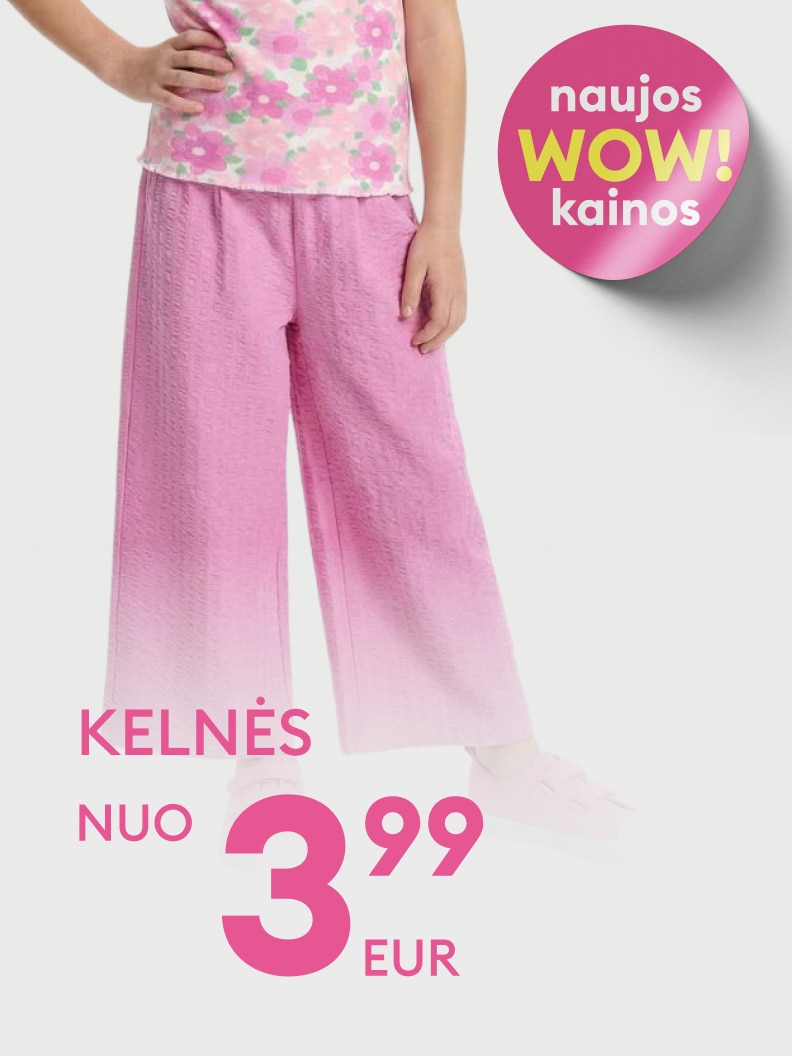 Reklaminis pasiūlymas vaikiškoms kelnėms su naujomis, sumažintomis kainomis, skirtas atkreipti dėmesį į specialią akciją ir paskatinti įsigyti prekę.