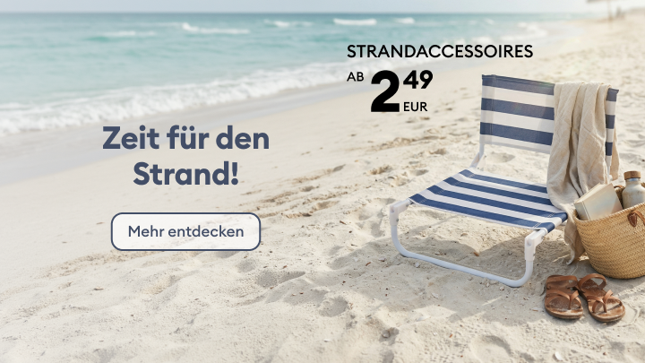 Werbebanner zur Bewerbung von Strandaccessoires und sommerlicher Freizeit, der Nutzer zum Entdecken des Sortiments und zur Vorbereitung auf den Strandbesuch einlädt.