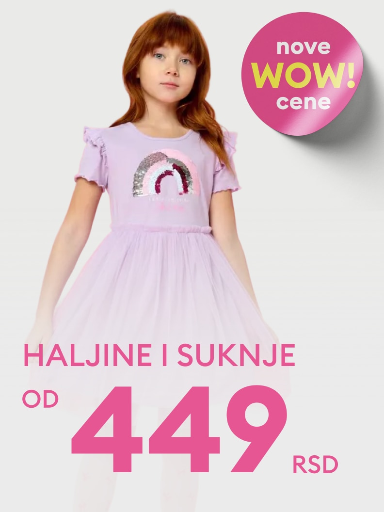 Promotivna ponuda dečjih haljina i suknji namenjena roditeljima, sa naglaskom na novu kolekciju i povoljnu cenu za kupovinu.