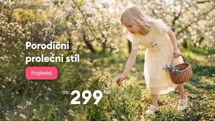 Promocija porodične prolećne kolekcije odeće koja naglašava zajedničke trenutke u prirodi i pristupačne cene, počev od 299 RSD.