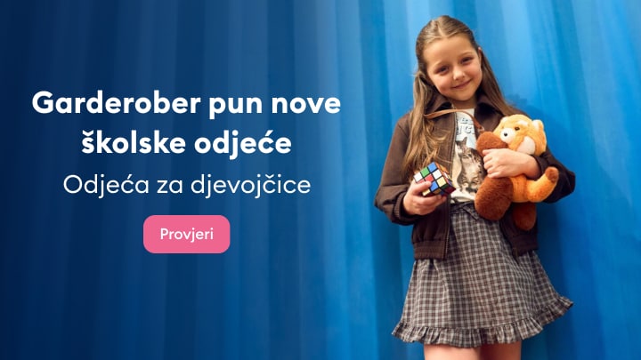 Djevojčica u školskoj odjeći promovira novu kolekciju odjeće za djevojčice za povratak u školu.