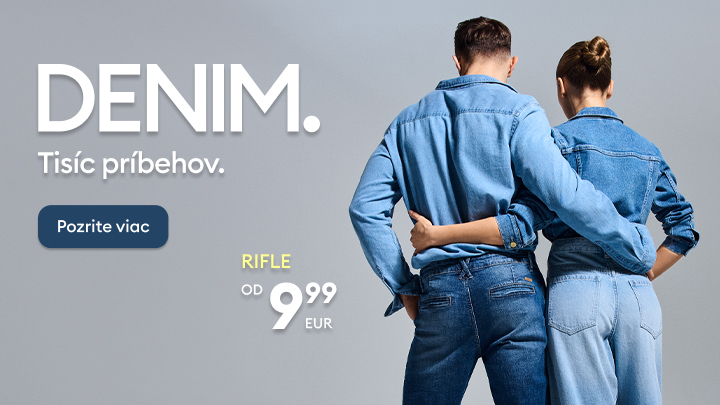 Reklamný banner propagujúci denimové džínsy pre ženy a mužov a vyzývajúci k prezretiu ponuky.