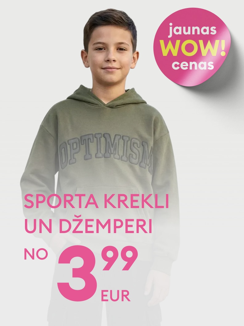 Reklāma bērnu sporta krekliem un džemperiem ar jaunu izdevīgu cenu piedāvājumu, sākot no 3,99 EUR.