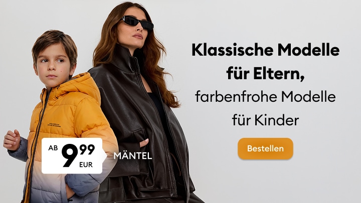 Werbung für klassische Mode für Erwachsene und farbenfrohe Kinderkleidung mit Fokus auf Mäntel und Familienmode-Angebote