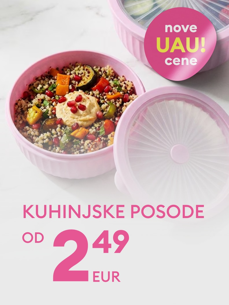 Promocija kuhinjskih posod za shranjevanje z novimi znižanimi cenami od 2,49 EUR.
