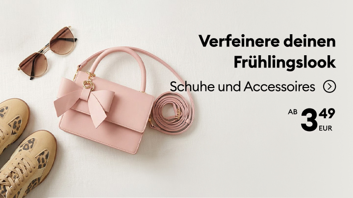 Werbung für Schuhe und Accessoires zur Ergänzung eines Frühlingslooks mit Fokus auf ein attraktives Einstiegsangebot.