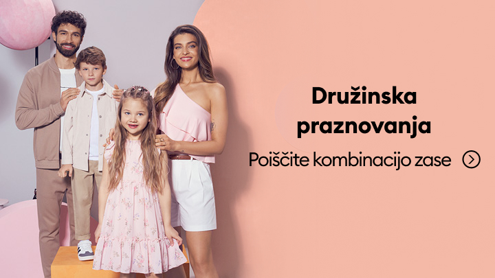Promocija usklajenih oblačil za družinska praznovanja, ki poudarja skupen slog in usklajen videz staršev ter otrok.