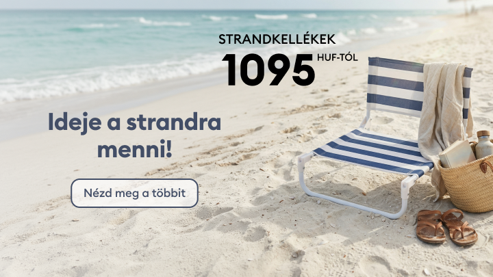 Strandkellékek akciós kínálata a nyári pihenéshez, strandolásra ösztönöz és a termékválaszték megtekintésére hív.