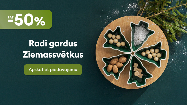Radi gardus Ziemassvētkus ar līdz pat 50% atlaidi. Uz šķīvja ar Ziemassvētku eglīšu formas traukiem redzamas mandeles, lazdu rieksti, cukura gabaliņi un sāls. Noskaties piedāvājumu un iepriecini savus mīļos svētku laikā!