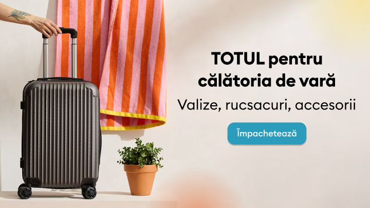 Promovează oferta pentru călătoria de vară, evidențiind produse esențiale precum valize, rucsacuri și accesorii, cu îndemn la pregătirea bagajelor.