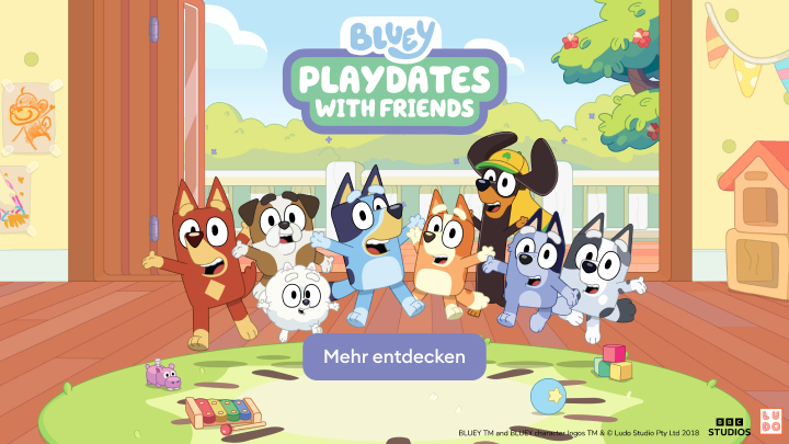 Werbebanner für die Kinderserie Bluey, der Kinder dazu einlädt, gemeinsames Spielen und Freundschaft in spielerischen Abenteuern zu entdecken.