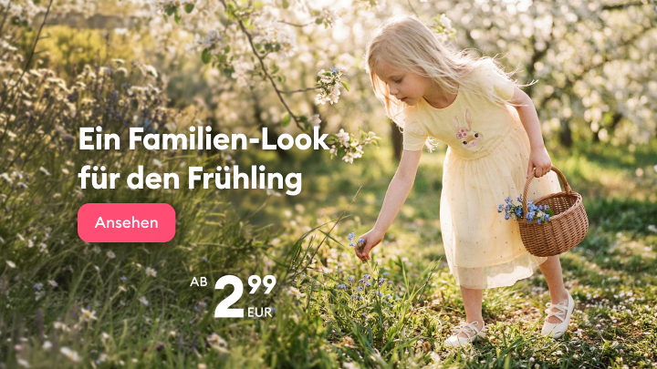 Werbebanner zur Bewerbung eines frühlingshaften Familien-Looks und zum Entdecken preisgünstiger Mode für Kinder und Familie.