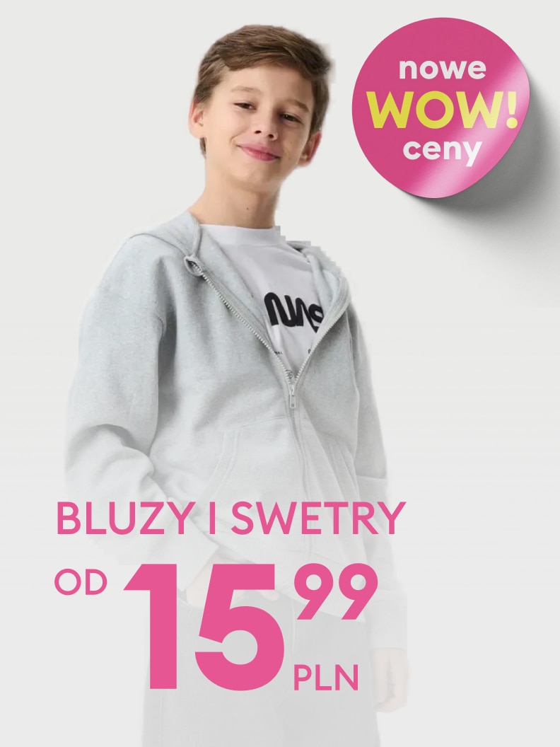 Bluzy i swetry w nowych, atrakcyjnych cenach już od 15,99 zł. Informacja promocyjna z napisem „Nowe WOW ceny” zachęcająca do zakupu odzieży.