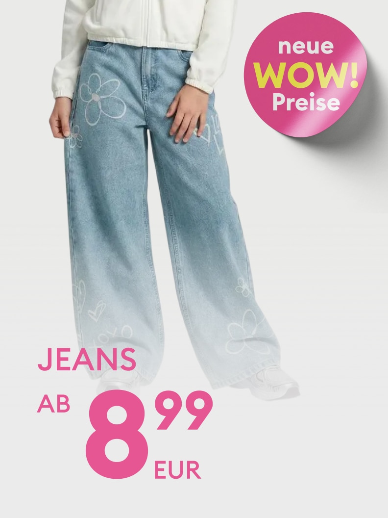 Werbliche Darstellung von Jeans als aktuelles Sonderangebot mit neuen, besonders günstigen Einstiegspreisen.