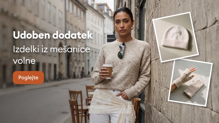 Promocija udobnih dodatkov iz mešanice volne za hladnejše dni, vključno s kapo in rokavicami brez prstov.