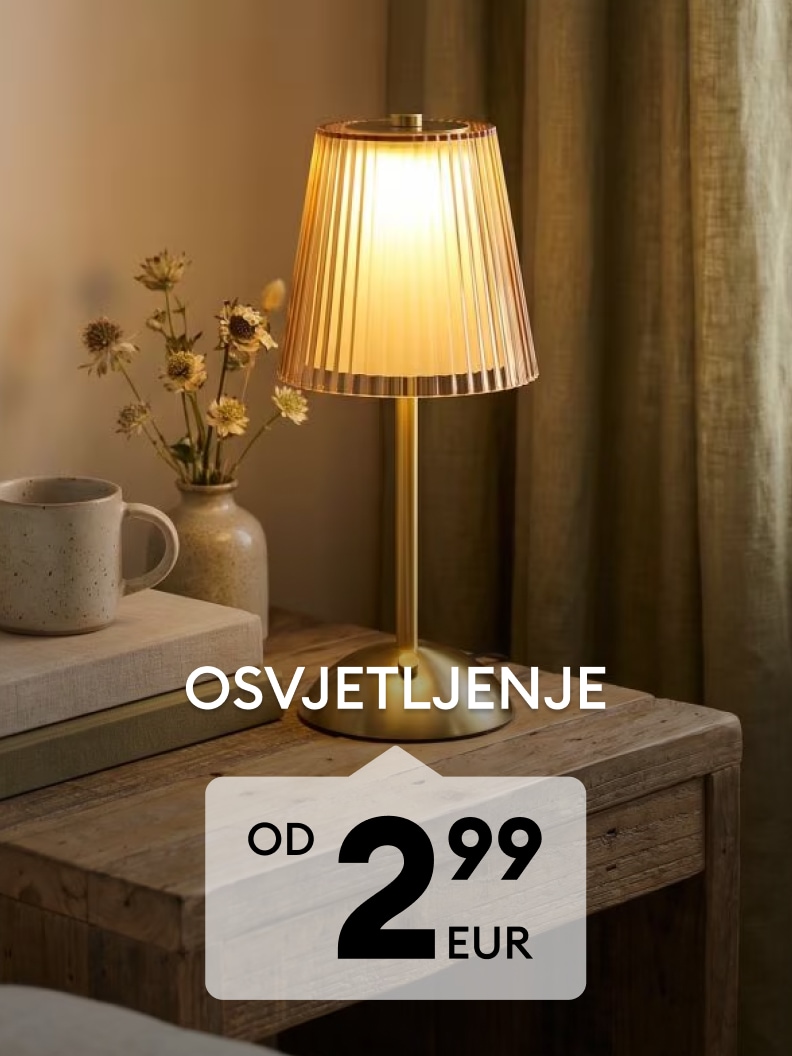 Ponuda rasvjete za dom, uključujući stolnu lampu za ugodnu i funkcionalnu atmosferu, po cijeni od 2,99 EUR