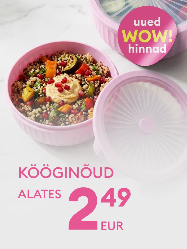 Kööginõude sooduspakkumine uute hindadega alates 2,49 eurost; rõhutab toidu hoiustamiseks mõeldud kausside praktilisust ja head hinna‑kvaliteedi suhet.