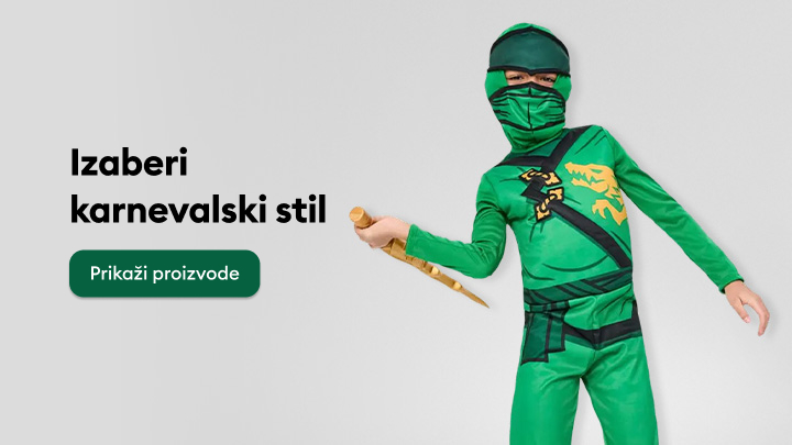 Kostim inspiriran ninja stilom s detaljima zmaja i pojasa. Idealno za karnevalsku zabavu. Dugmad "Prikaži proizvode" omogućava pregled dostupnih artikala. Odaberi svoj omiljeni karnevalski stil i uživaj u atmosferi maskiranja.