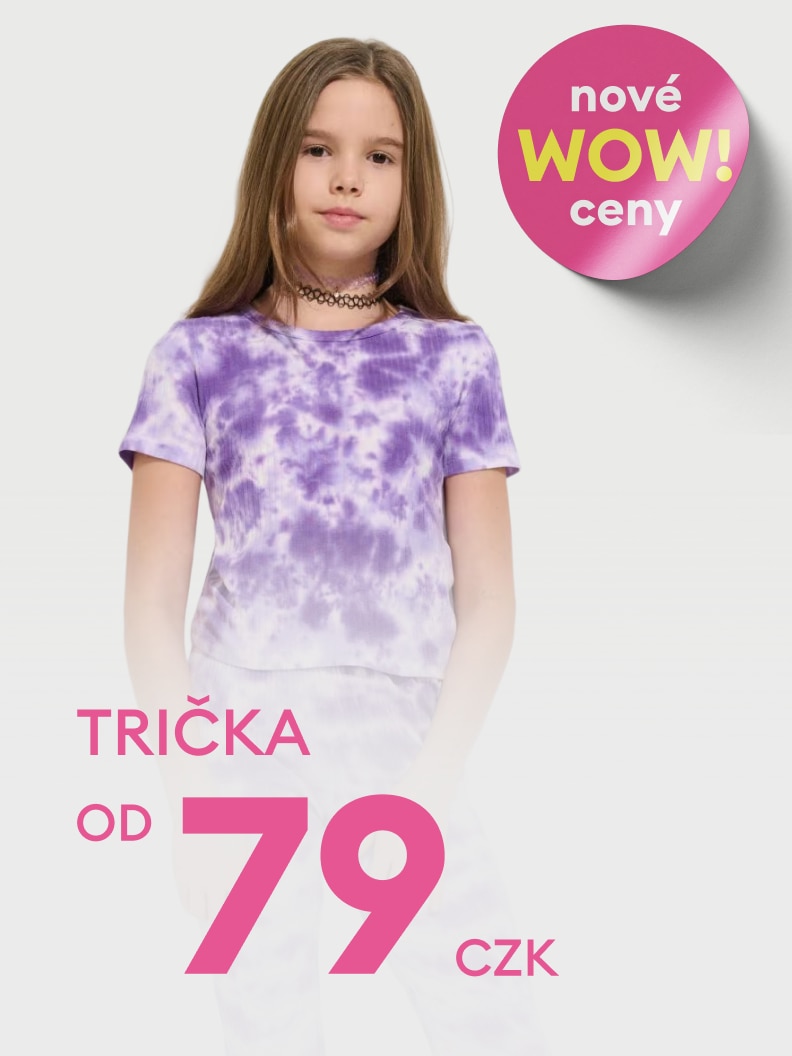 Reklamní sdělení propagující dětská trička s výhodnou akční cenou od 79 Kč.