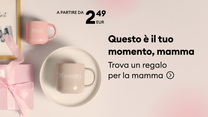 Promozione di idee regalo per la mamma, con tazze coordinate mamma e bambino, prezzo a partire da 2,49 EUR, invito a scegliere un regalo speciale per la mamma.