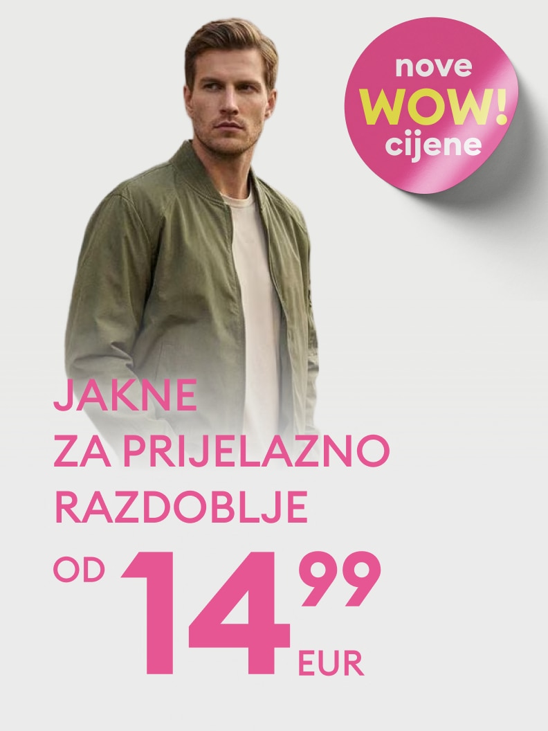 Promocija muških jakni za prijelazno razdoblje s naglašenom akcijskom ponudom i početnom cijenom od 14,99 EUR.