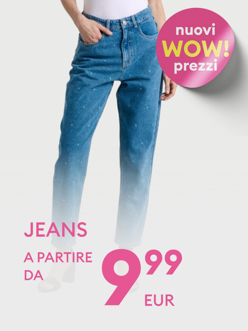 Promozione di jeans da donna con nuovi prezzi convenienti, evidenziando un’offerta a partire da 9,99 euro per attirare all’acquisto.