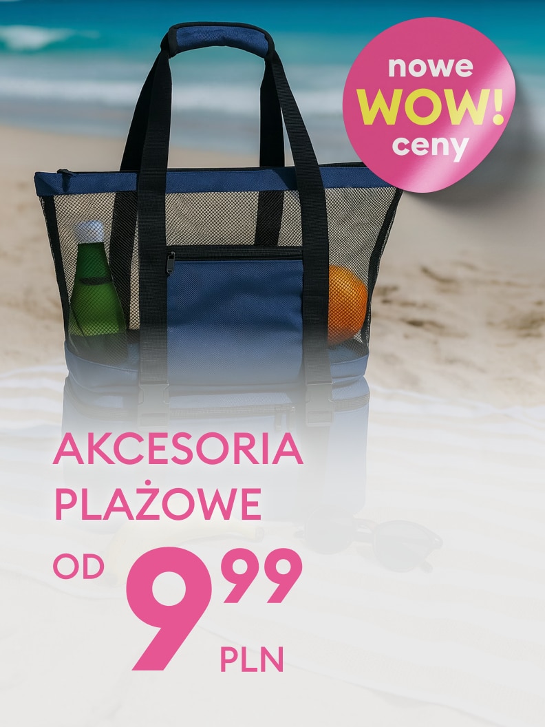 Promocja akcesoriów plażowych, prezentująca torbę plażową i zachęcająca do zakupu w atrakcyjnej cenie od 9,99 zł.