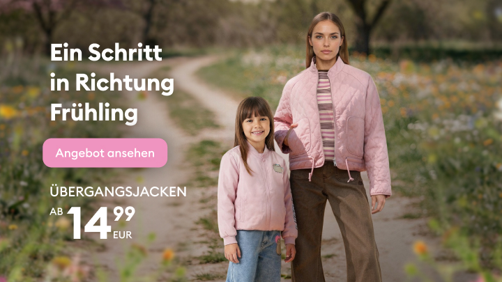 Werbung für Übergangsjacken für den Frühling für Erwachsene und Kinder, die zum Ansehen eines Angebots und zum Kauf motiviert.
